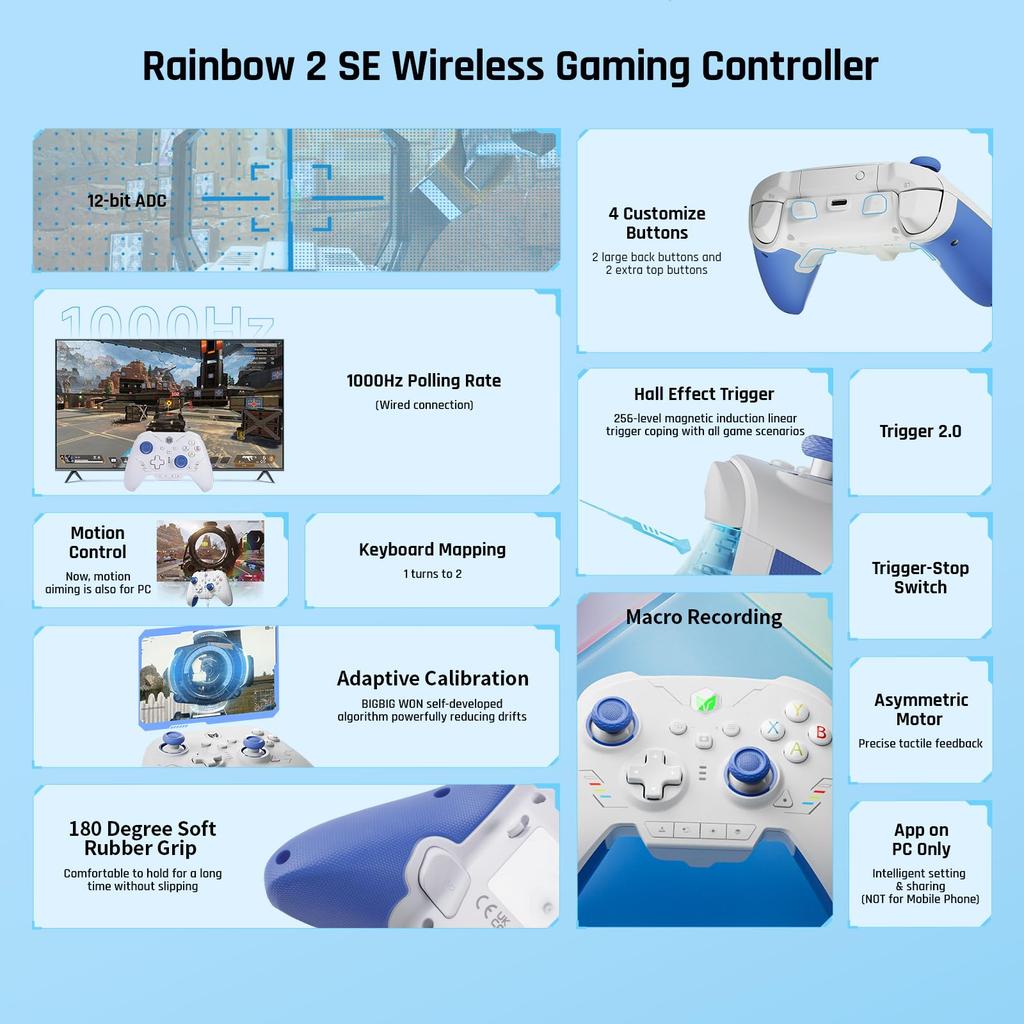 PC BIGBIG WON Rainbow 2 SE Wireless Controller Motion Hall Effect 12 Bit 3 Sets of PC Controller for Controller, Control, Trigger, ADC, Joysticks,