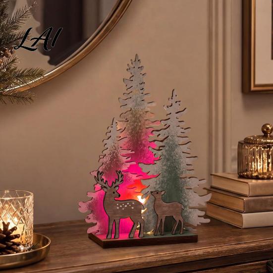 Christmas Party Supplies Wooden Tree Table Decor with LED Light Rustic Standing Sign Holiday Decoration Reindeer Santa Claus for Tiered Tray,
