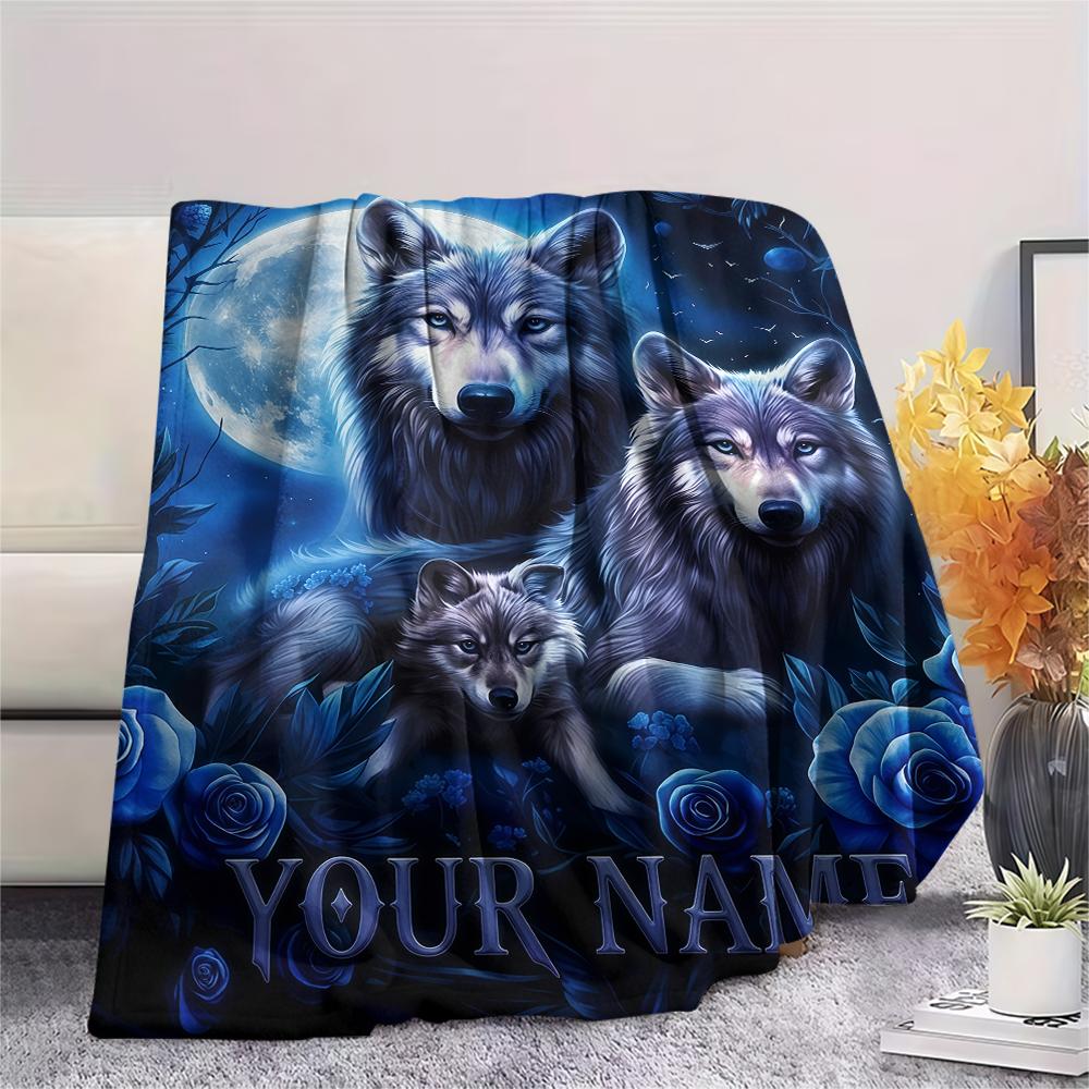 1PC Custom Name Wolf Family MoonNight Patterned Flannel Blanket Suitable For All Seasons for Home Decor Warmth and Comfort Gifts Holiday Present_lx