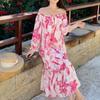 Платье с цветочным принтом и открытыми плечами, модное повседневное элегантное женское длинное платье, пляжное платье с принтом