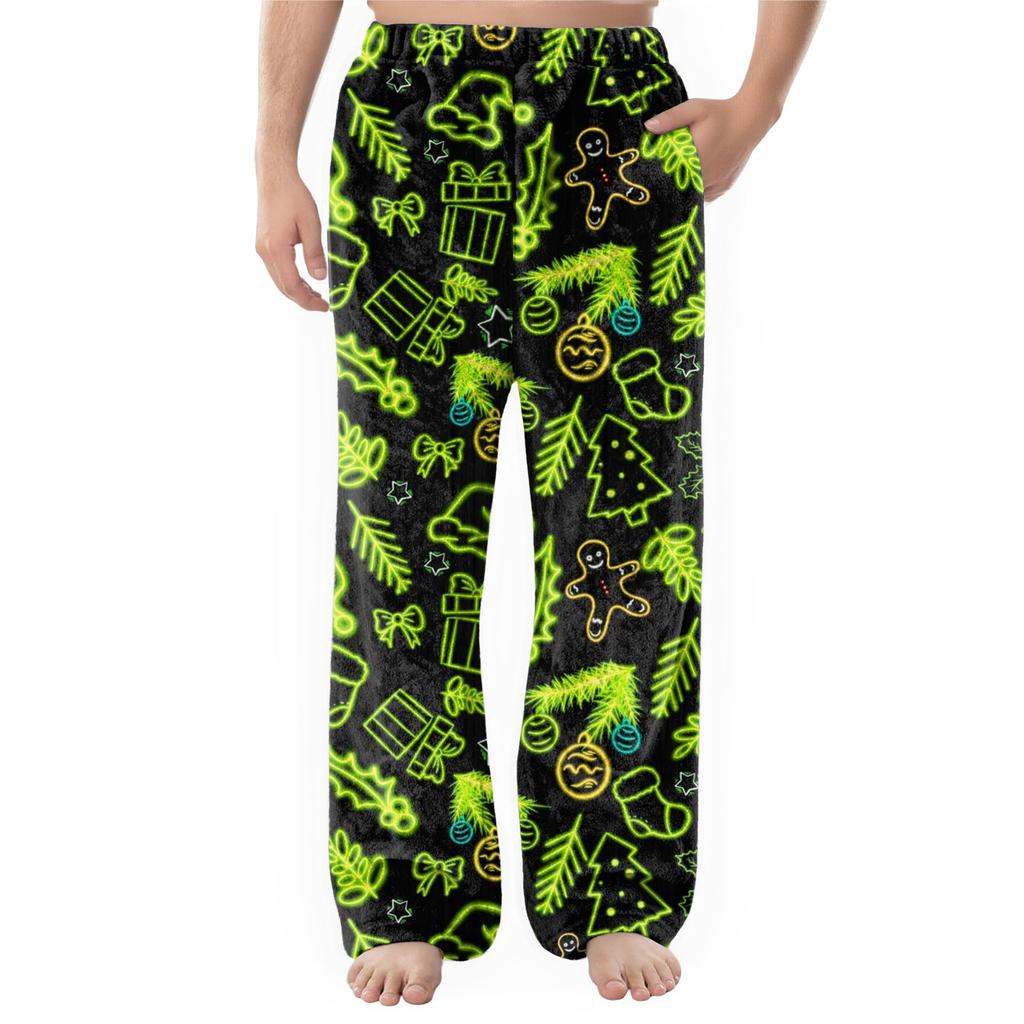 Men's Flannel Pocket Casual Pants, Printed Pocket Casual Pants, Home Sleeping Pants