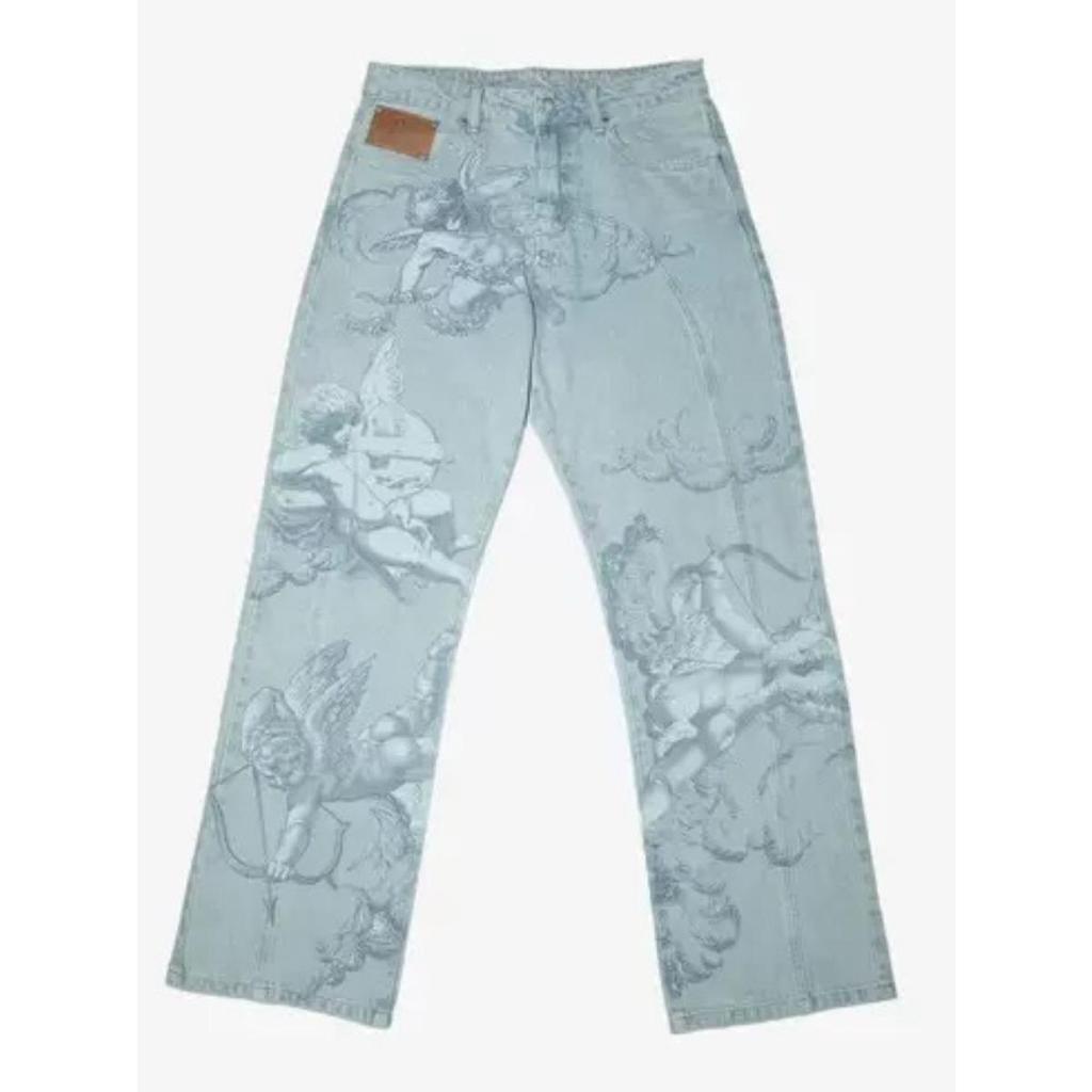 RogueWave Y2k Американские Штаны Хип-Хоп Уличная Одежда Унисекс Повседневные Y2k Ретро Широкие Джинсы Модные Джинсы Прямого Кроя с Рисунком Ангела Амура Мужские Женские