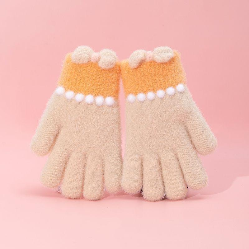 Защищающие от холода осенне-зимние перчатки, утолщенные, с бантом, полнопалые, детские вязаные перчатки, ветрозащитные, термо, толстые снежные перчатки