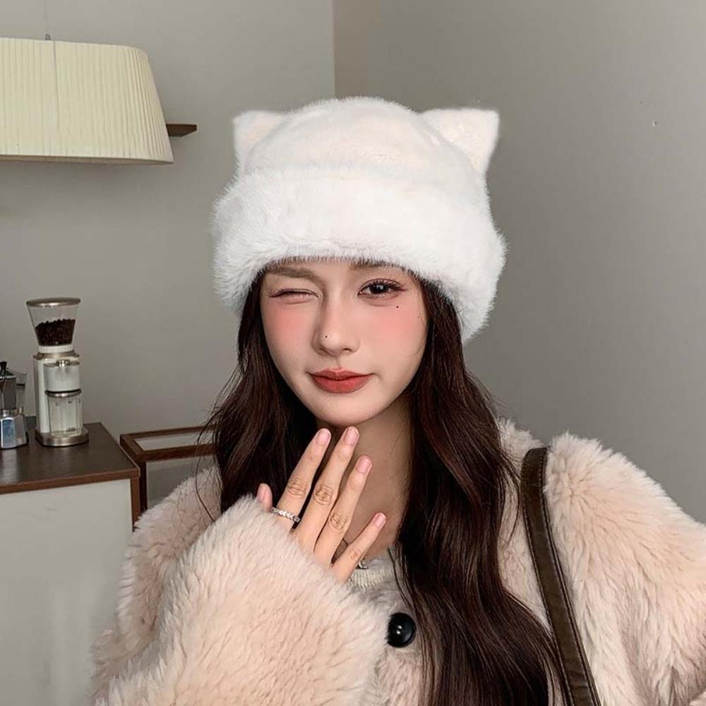 Korean Style Plush Bear Hat Imitation Mink Fur Brimless Beanie Cap Versatile Pullover Cap Winter
