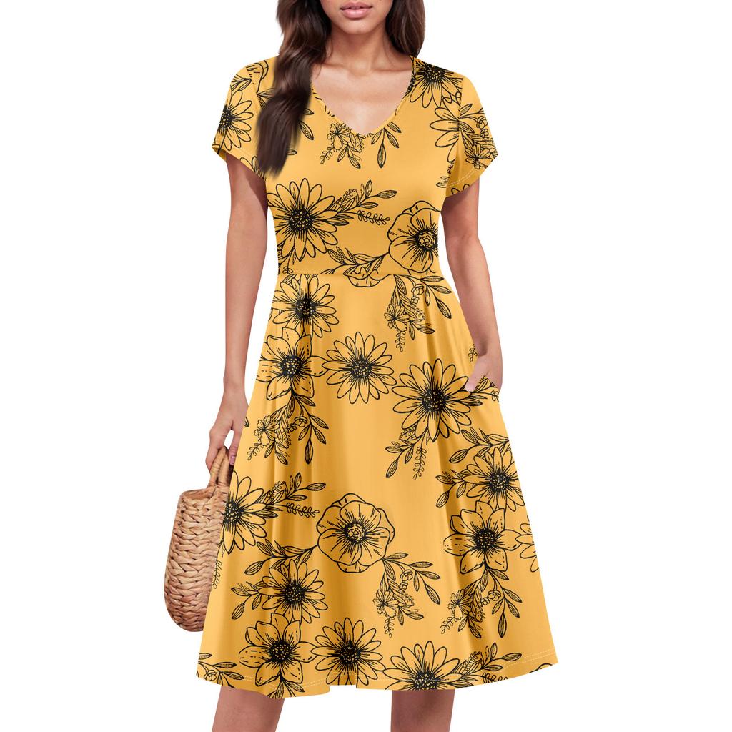 Womens Summer Dress Short Sleeve V Neck Short Dresses Fashion Casual Flowy A Line Swing Sundress With Pocket