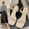 New Square Head Pearl Transparent Line with High Heel Sandals 2024 Summer Crystal Square with Temperament Women Sandals