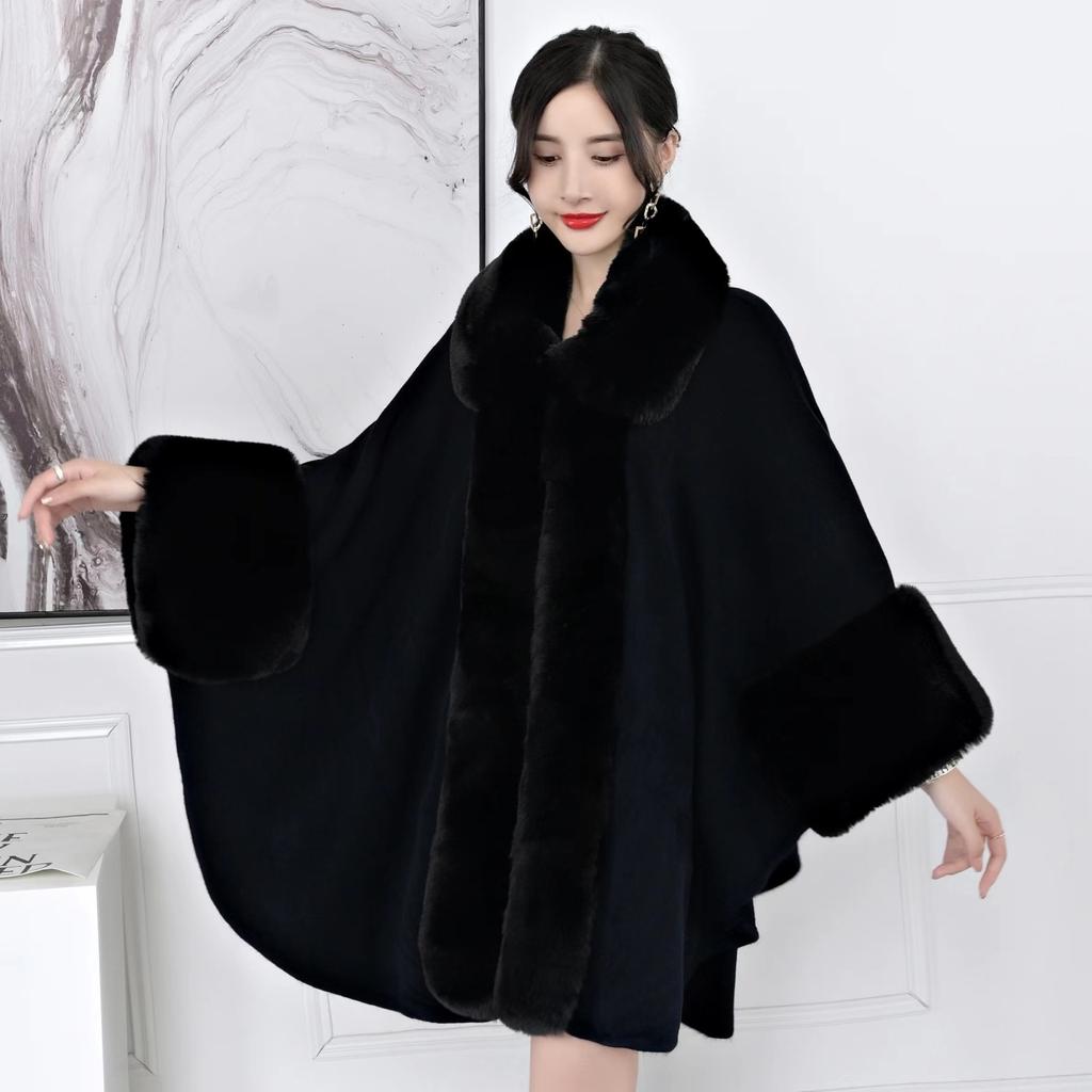Autumn and Winter Women's Hair Collar Shawl Cape Large Size Knitted Cardigan Loose Jacket