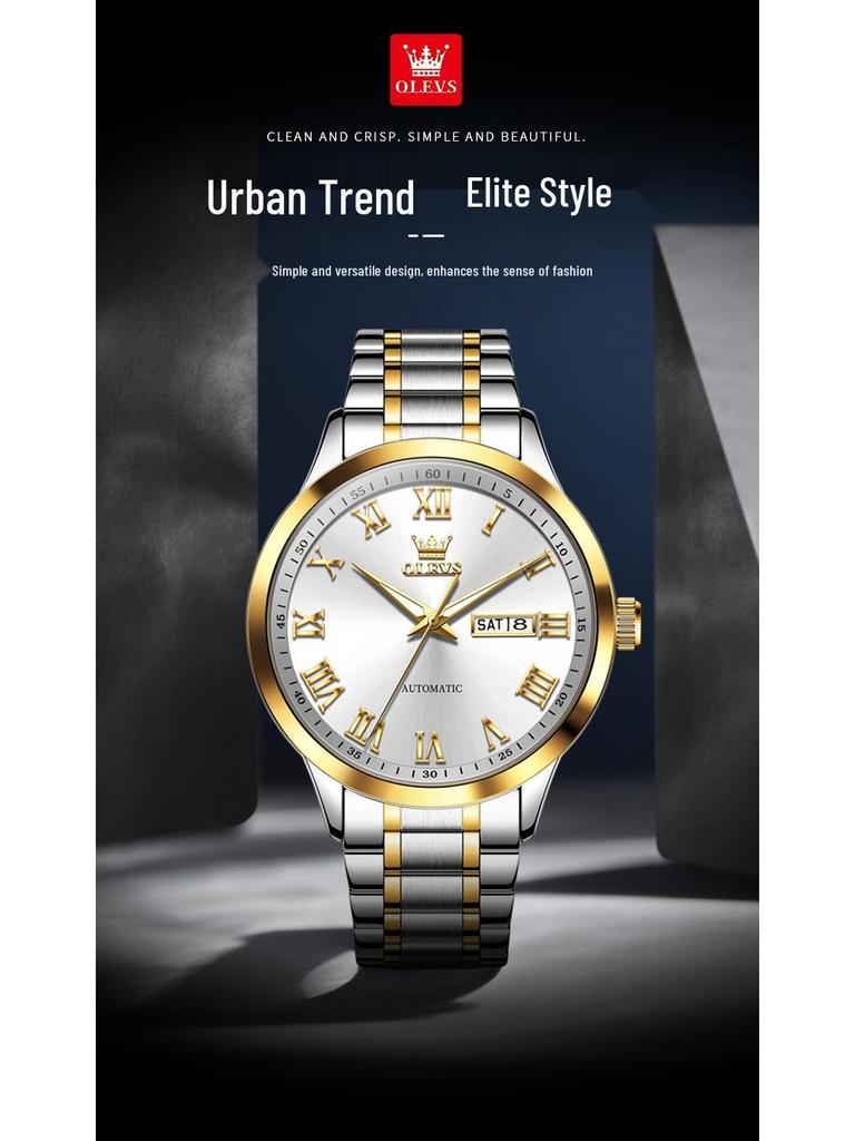 Мужские римские минималистичные автоматические механические часы Olevs с двойным календарем