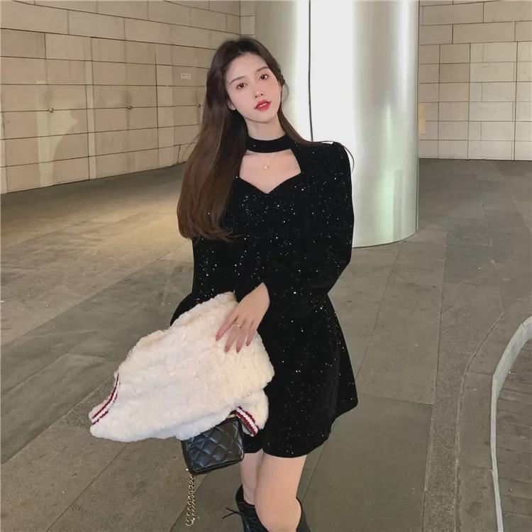 Элегантное красное бархатное платье А-силуэта с блестками для женщин - Коллекция Весна и Осень 2023: Уменьшение талии, высокий класс, изысканный стиль