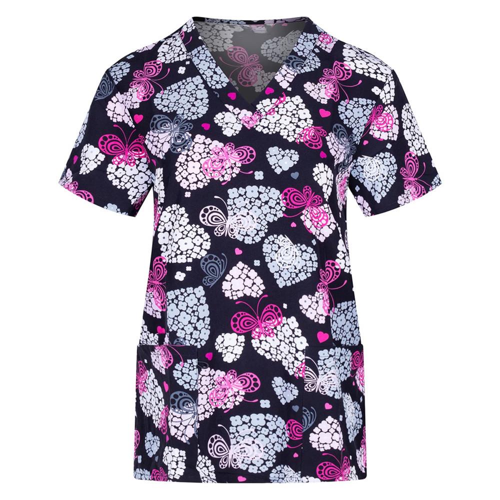 Женские топы с короткими рукавами и карманами, рабочая униформа, футболки с принтом «Цветок и кошка», униформа, халаты с короткими рукавами для женщин
