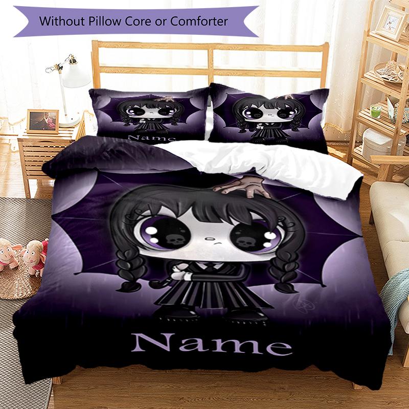 3pcs Custom Name Wednesday Bedding Set Duvet Cover Closure Includes 1 Duvet Cover & 2 Pillowcases, Soft and Comfortable for All Seasons.