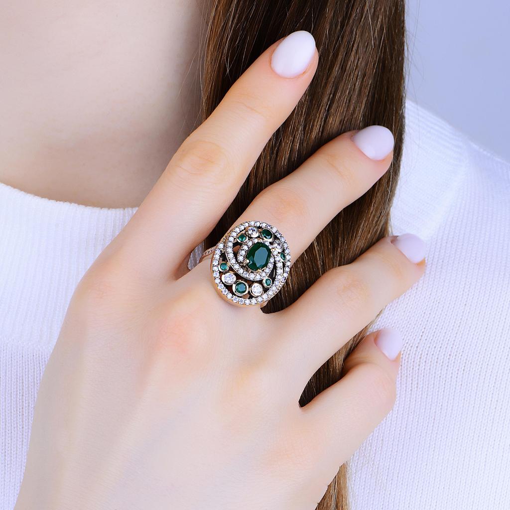 Настоящий серебряный комплект ювелирных изделий, серебряный комплект с изумрудными камнями, ожерелье, серьги и кольца в османском стиле, уникальный подарок для женщин