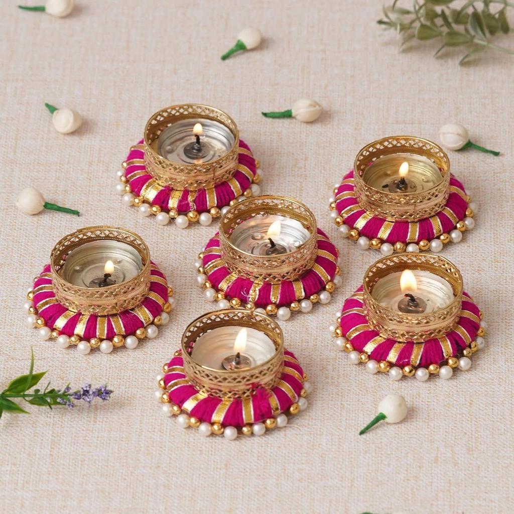 Set of 6 Pink & Golden Round Shaped Beaded Decorative Tea Light Candle Holders - Perfect for Diwali, Navratri, and Christmas Festivals