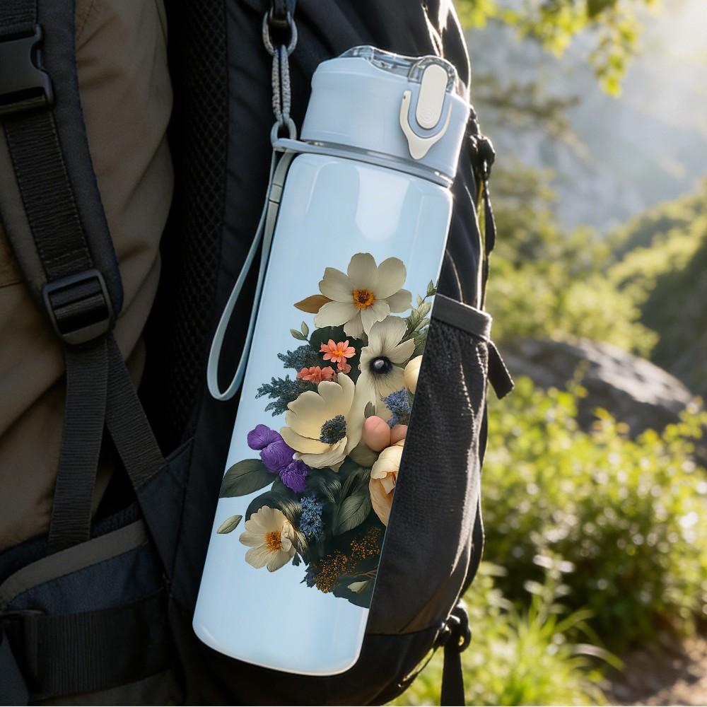 1PC Wild Floral Bouquet Pattern 750ml Color Plastic Sports Water Bottle Leakproof Flip Straw Lid Suitable for Sports Office Home Use