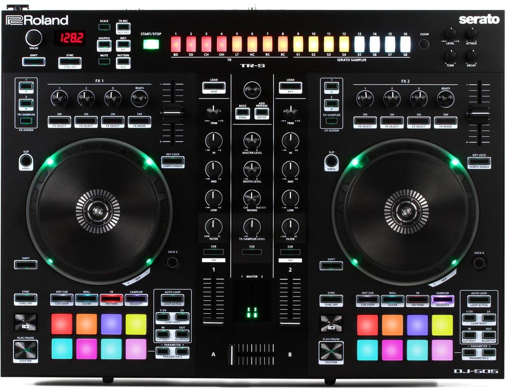 Roland DJ Serato DJ Mic DJ Mixer DJ-505 2-Channel/4-Deck Controller, Compatible, TR-909/TR-808/TR-707/TR-606 Sound, Input,