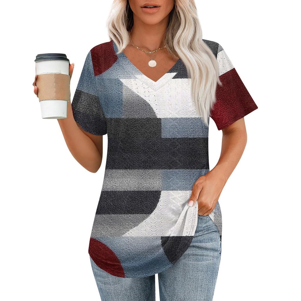 Womens T Shirts V Neck Short Sleeve Casual Tops Loose Fit Basic Tees With Curved Hem