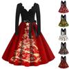 Рождественское платье с расклешенным принтом для женщин, платье с V-образным вырезом и длинными рукавами, повседневные платья