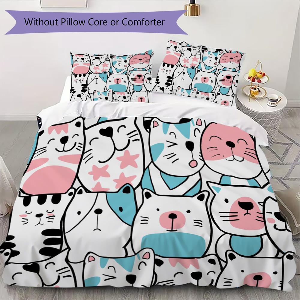 Cozy Cute Cartoon Cat & Animal Print Pattern Bedding,Quilt Set Quilt Cover Pillowcase Home Birthday Gift (1*duvet cover+2*pillowcase,without core)ZSJT