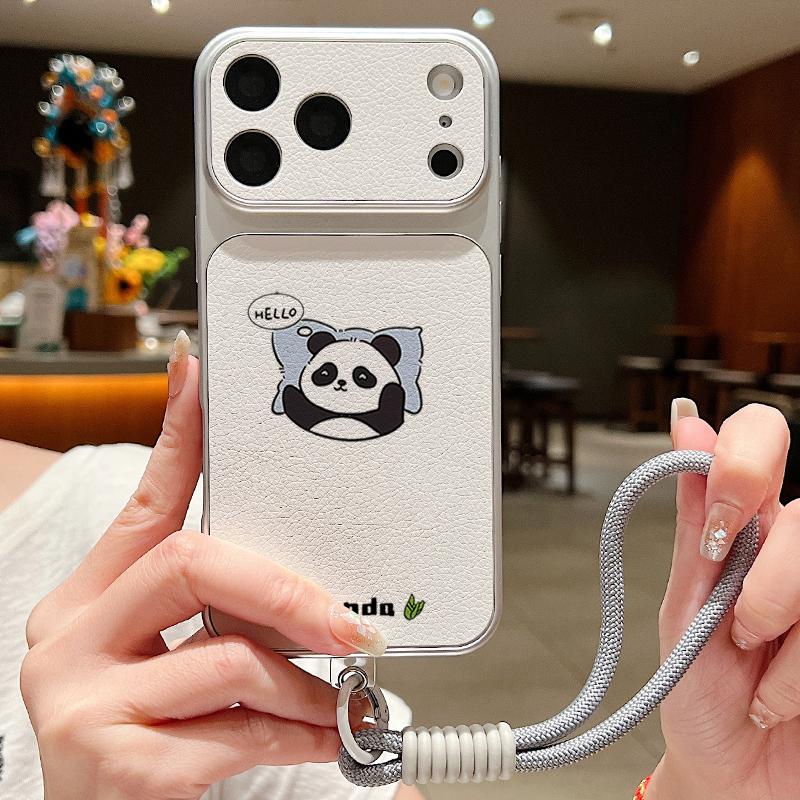 Милый мультяшный чехол-ремешок из кожи с пандой для iPhone 18 Pro Max Гибридный ТПУ+ПУ Противоскользящий Мягкий чехол для iPhone 17 16 15 14 13 Pro Max