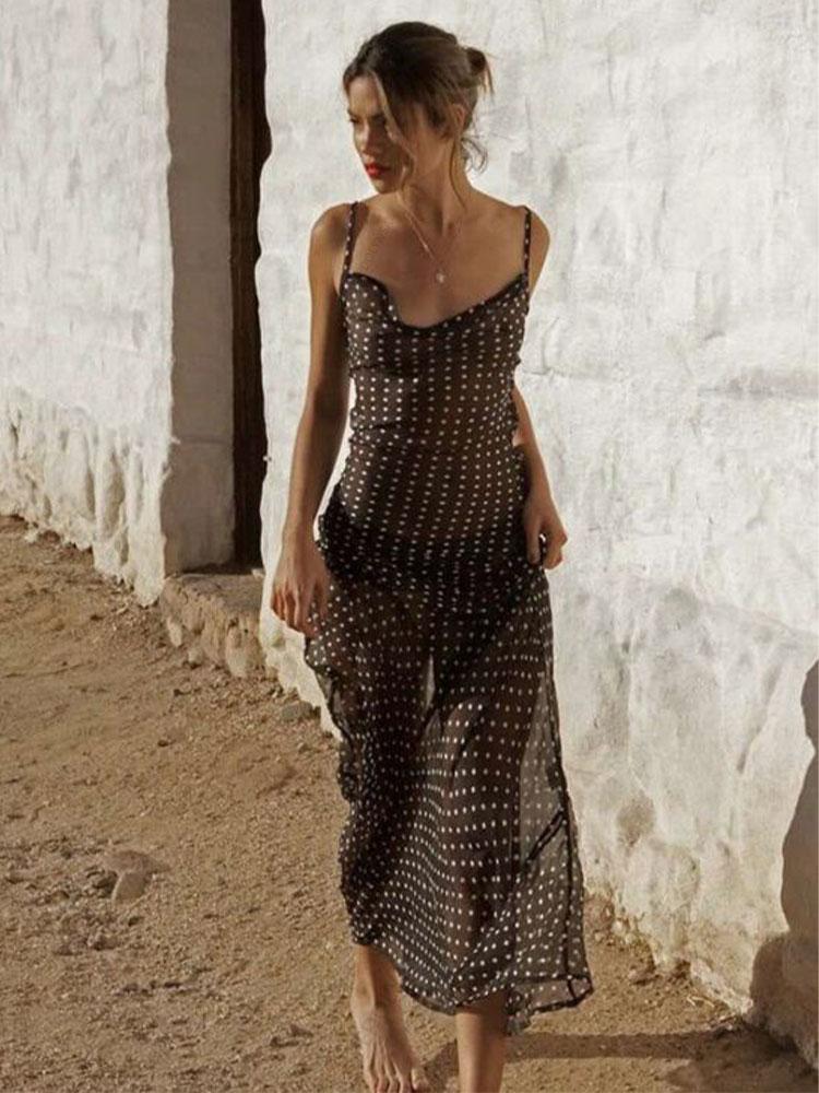 EDOLYNSA 2024 Черное модное сексуальное прозрачное платье в горошек на тонких бретельках, пляжное платье макси, женское летнее вечернее платье-комбинация, купальник, прикрытие