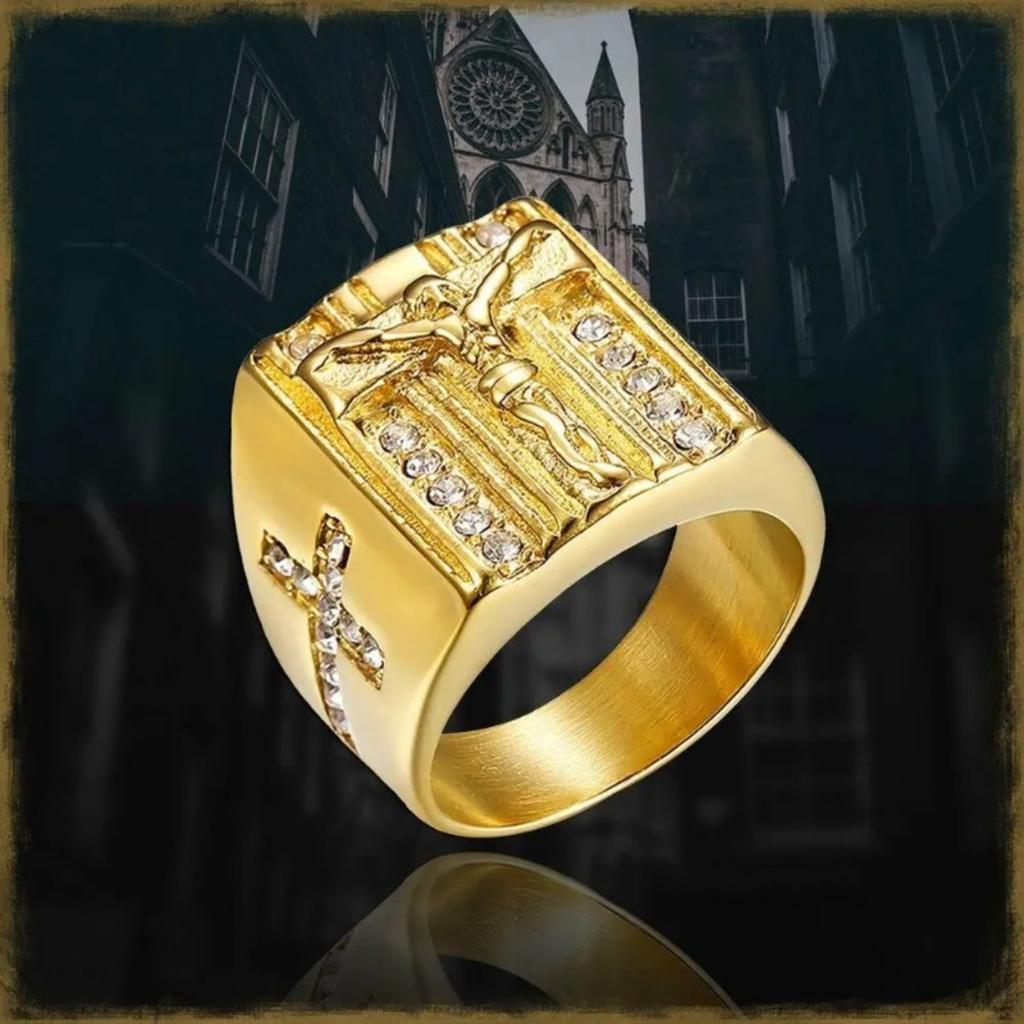 Men's Golden Silvery Jesus Prayer Cross Premium Ring