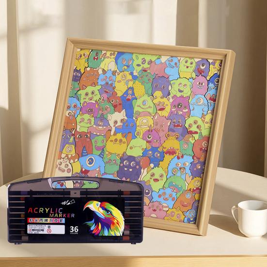 Wooden Coloring Puzzle Kit with Photo Frame Marker Pens DIY Kids Adults Hand-Painted Cartoon Jigsaw Puzzle Decoration Ornament