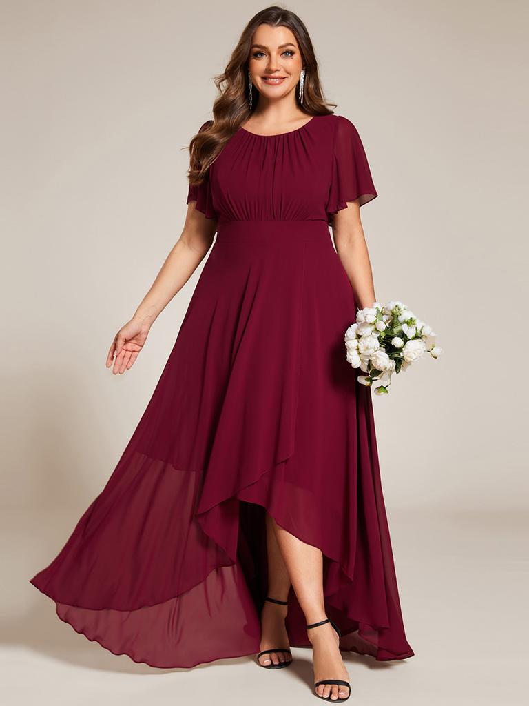 Ever-Pretty Women's Elegant Round Neck Ruffles Sleeve Chiffon Plus Size Evening Dresses with Asymmetrical Hem
