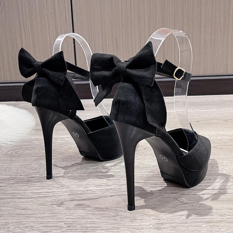 Мода 2024 Лето Новая Мода Атласные Босоножки на Высоком Каблуке Бант Пряжка на Одной Линии Острый Носок Толстый Каблук Женские Туфли Свадебные Туфли
