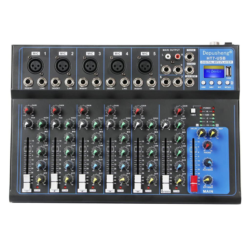 Depusheng HT7 Bluetooth Portable Audio Mixer DJ Sound Mixing Console MP3 Jack 48V Power Computer 7 Channel Band Mixing Board Studio Recording W/USB