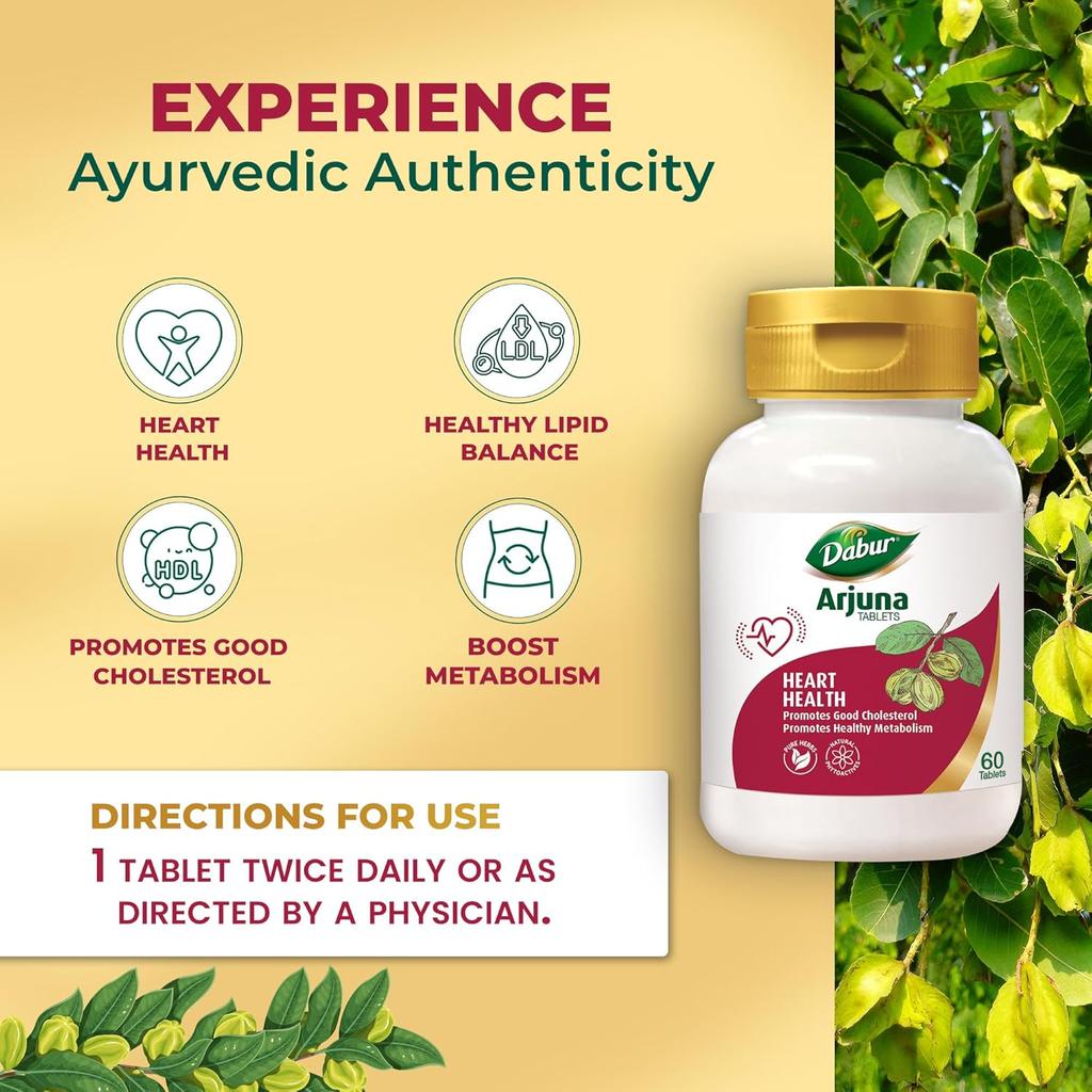 Dabur Таблетки Арджуны - Упаковка 60 таблеток | Поддерживает здоровье сердца, регулирует холестерин, ускоряет метаболизм и способствует сердечно-сосудистому здоровью