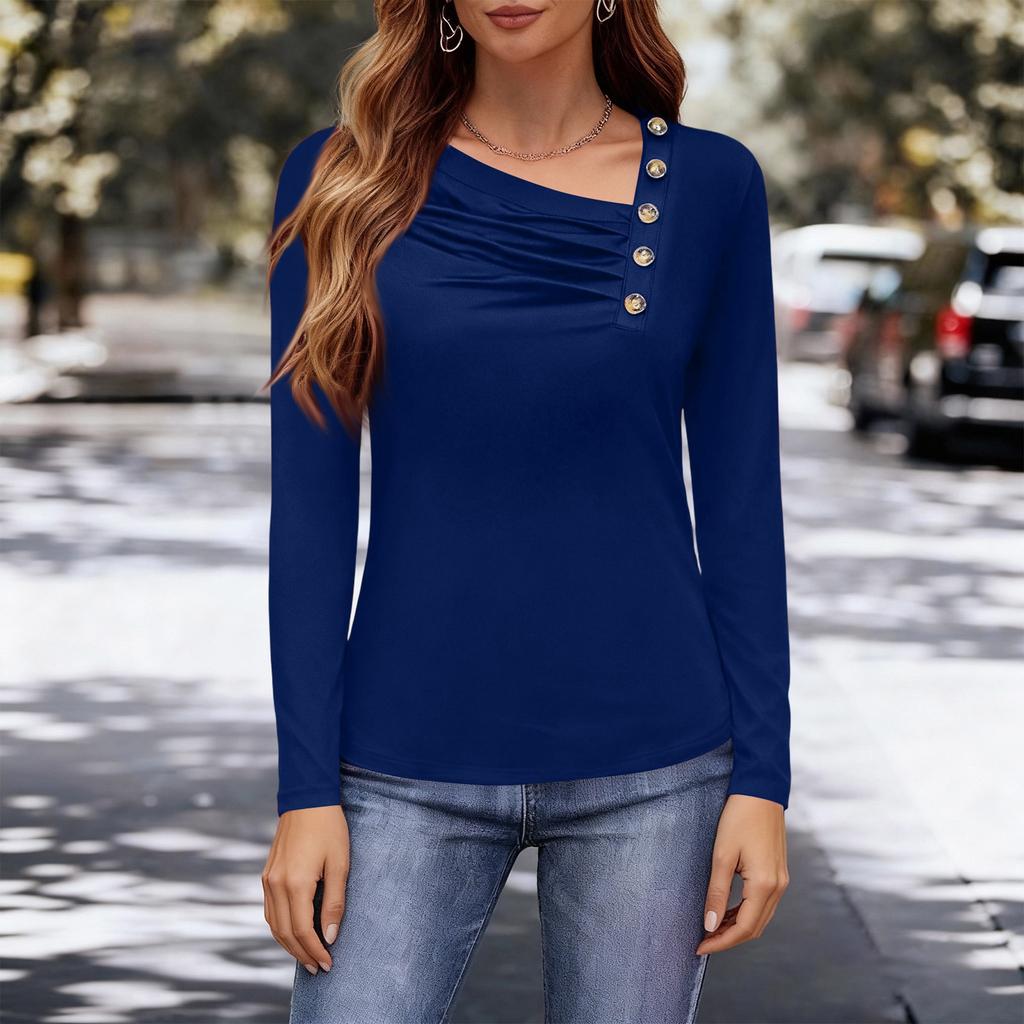 Женская модная повседневная футболка с асимметричным воротником на пуговицах, топ с длинным рукавом из молочного шелка