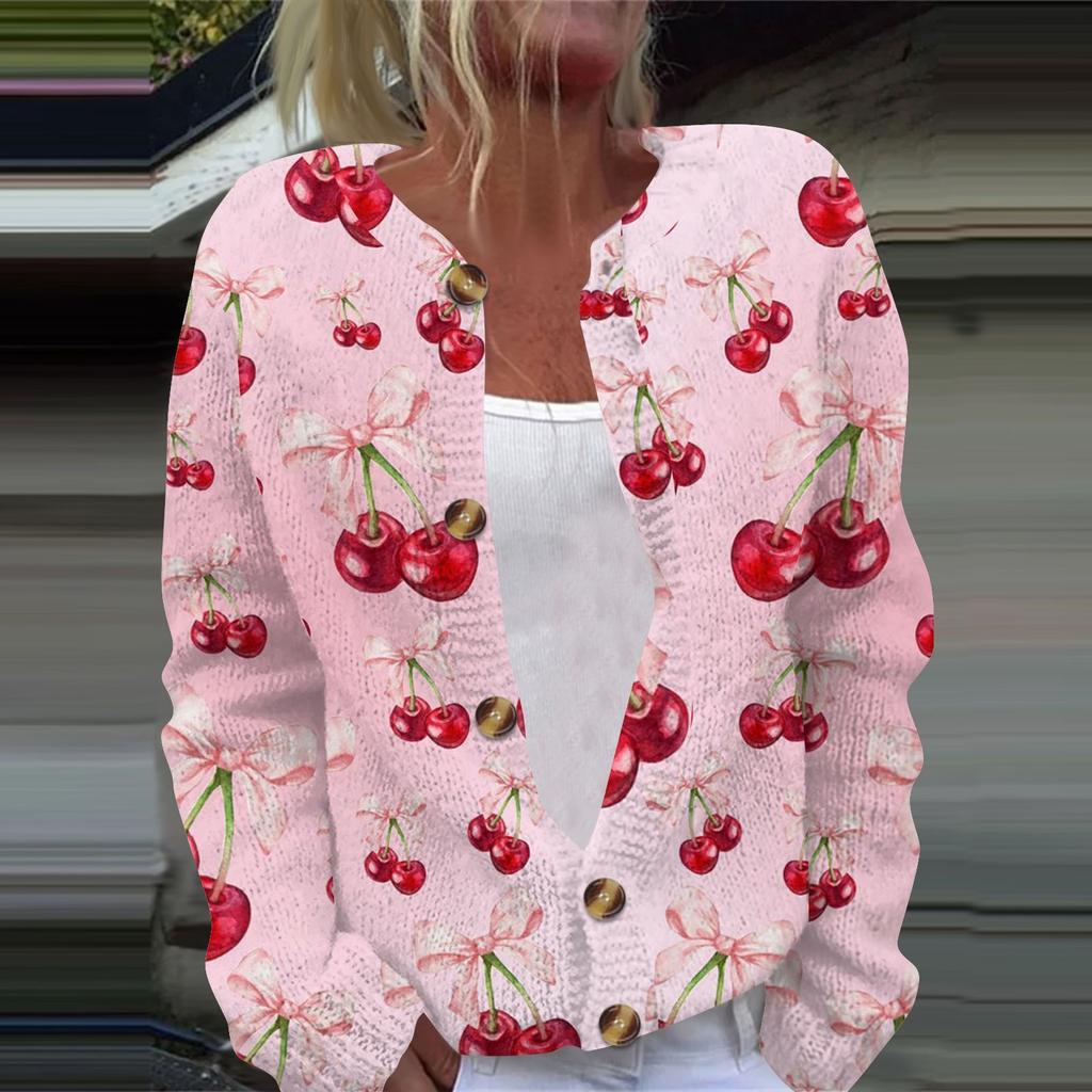 Женская мода с принтом банта, длинный рукав, вязаный кардиган, куртка на пуговицах