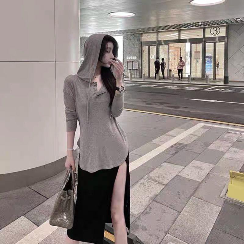 Ins Тонкая свободная футболка с длинными рукавами и капюшоном, дизайн интернет-знаменитостей, высокая талия, пуговицы на шнуровке