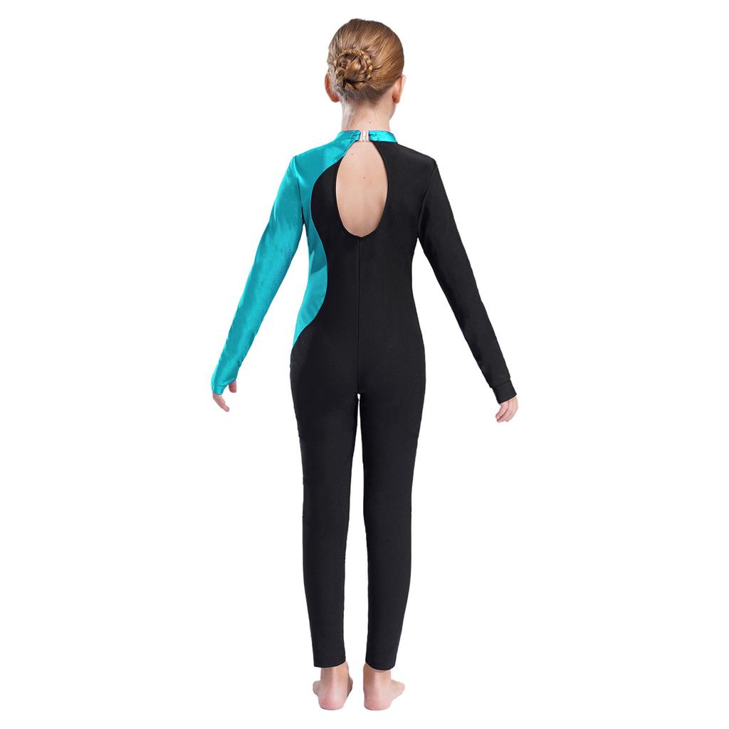 Блестящий комбинезон со стразами для девочек с длинным рукавом и круглым воротником, ажурная спинка, танцевальный наряд в стиле пэчворк