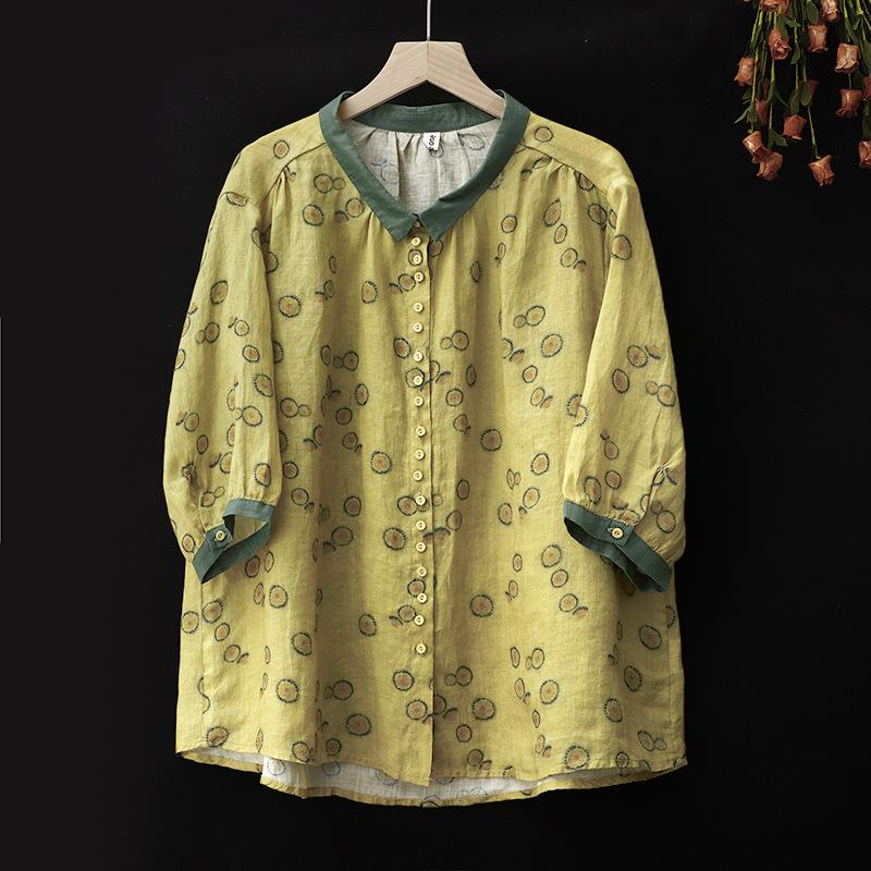 Женский летний костюм из хлопка и льна с коротким рукавом, корейская версия, напечатанный ретро-топ + брюки, женский костюм-двойка