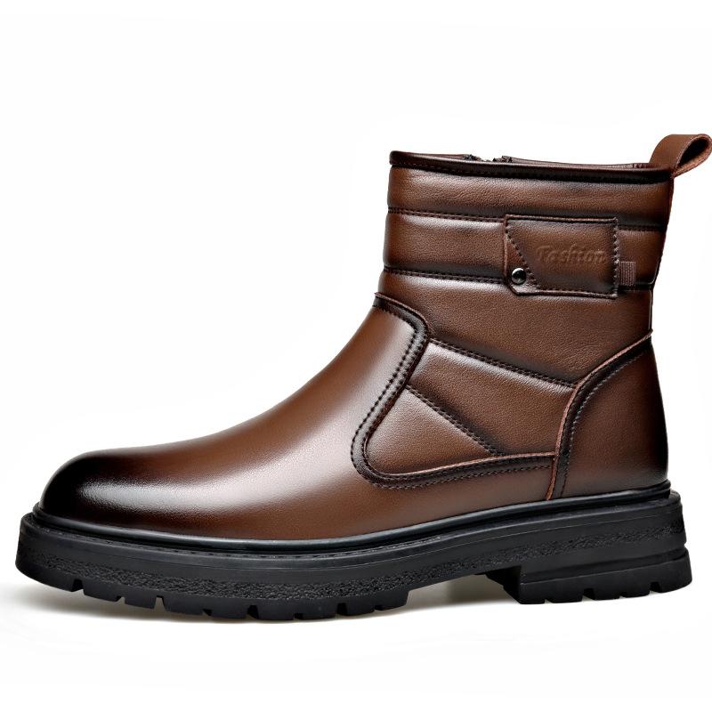 Зимние новые дизайнерские сноубутсы для мужчин из натуральной кожи, теплые хлопковые туфли, мужские модные повседневные однотонные ботильоны на платформе, мужские