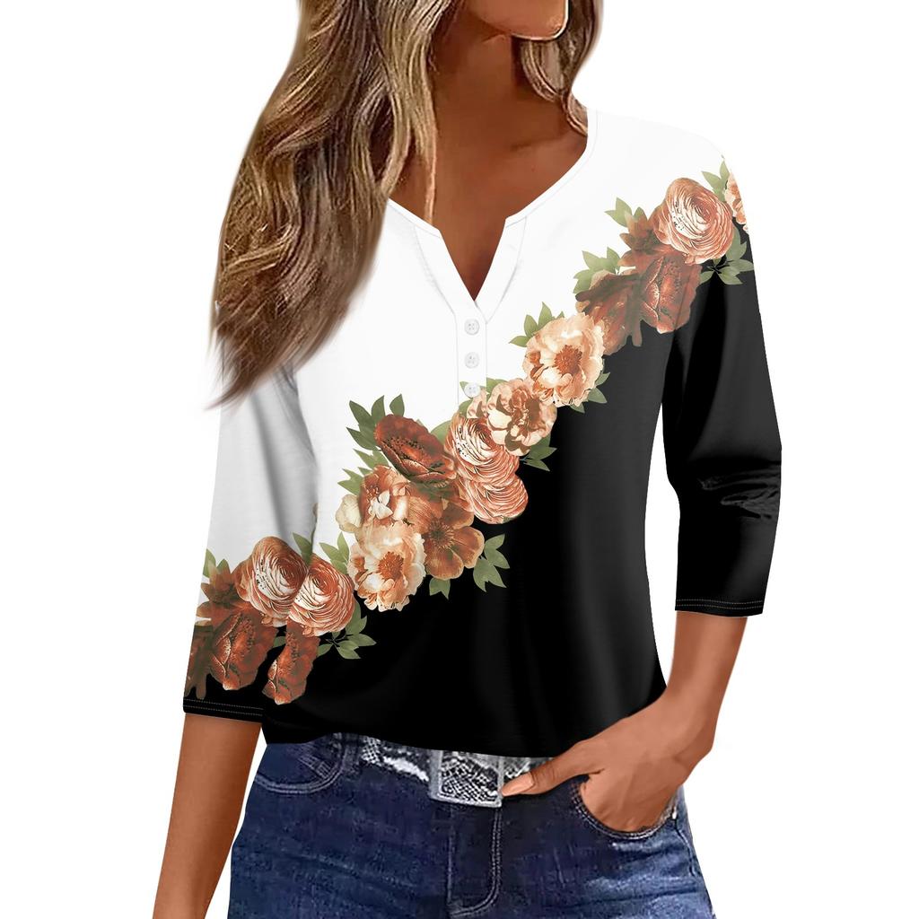 Women's T Shirt Tee Print Button  3/4 Sleeve Daily Weekend Fashion Basic V- Neck Regular Top