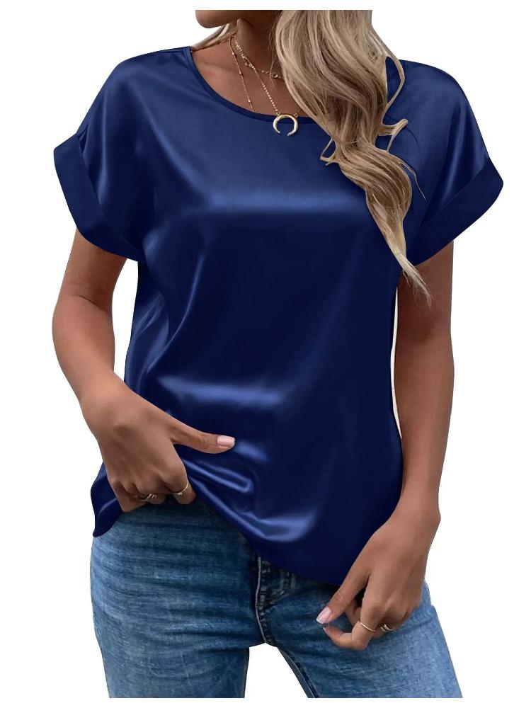 Spring and Summer New Women's Short Sleeve Satin Shirt Loose Casual Round Neck Colored Ding T-shirt Women
