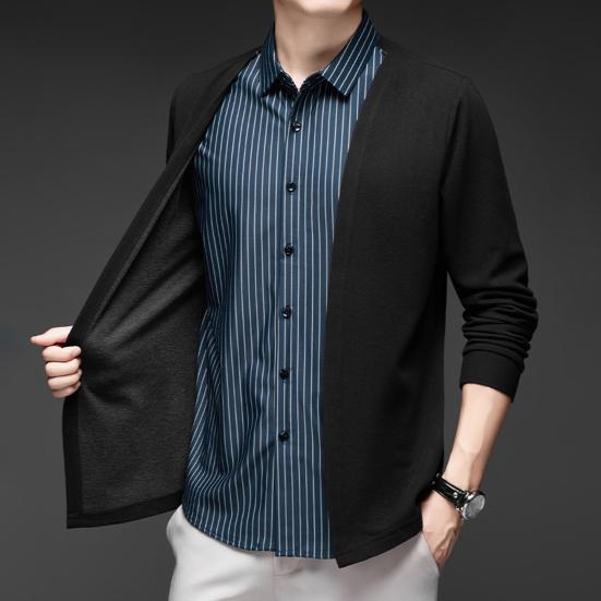 Мужская рубашка, имитация двухкомпонентного кардигана с отложным воротником, однобортная, в полоску, с длинными рукавами, подходящего цвета, трикотажная, официальная