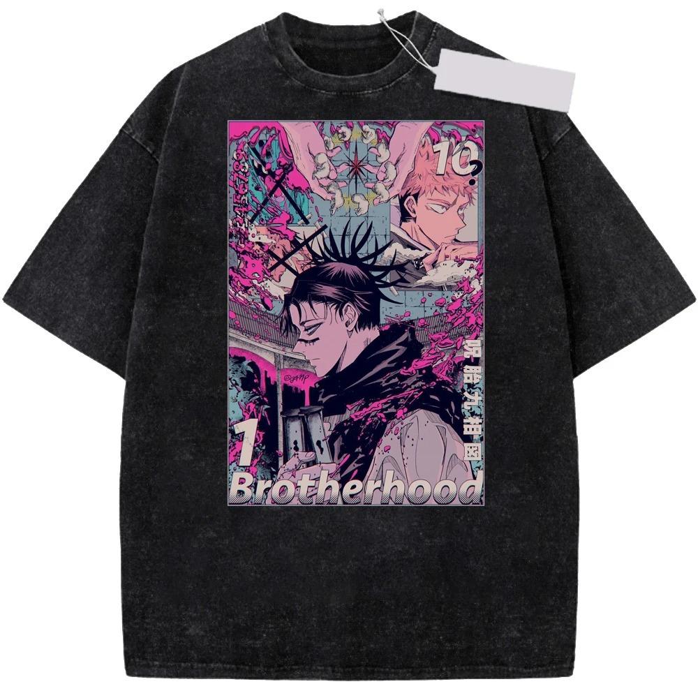 Jujutsu Kaisen Годжо Сатору Боевая стойка Винтажная стираная аниме-футболка, Унисекс Темное фэнтези Аниме-фанат Уличная одежда Футболка, 100% хлопок Повседневная с коротким рукавом