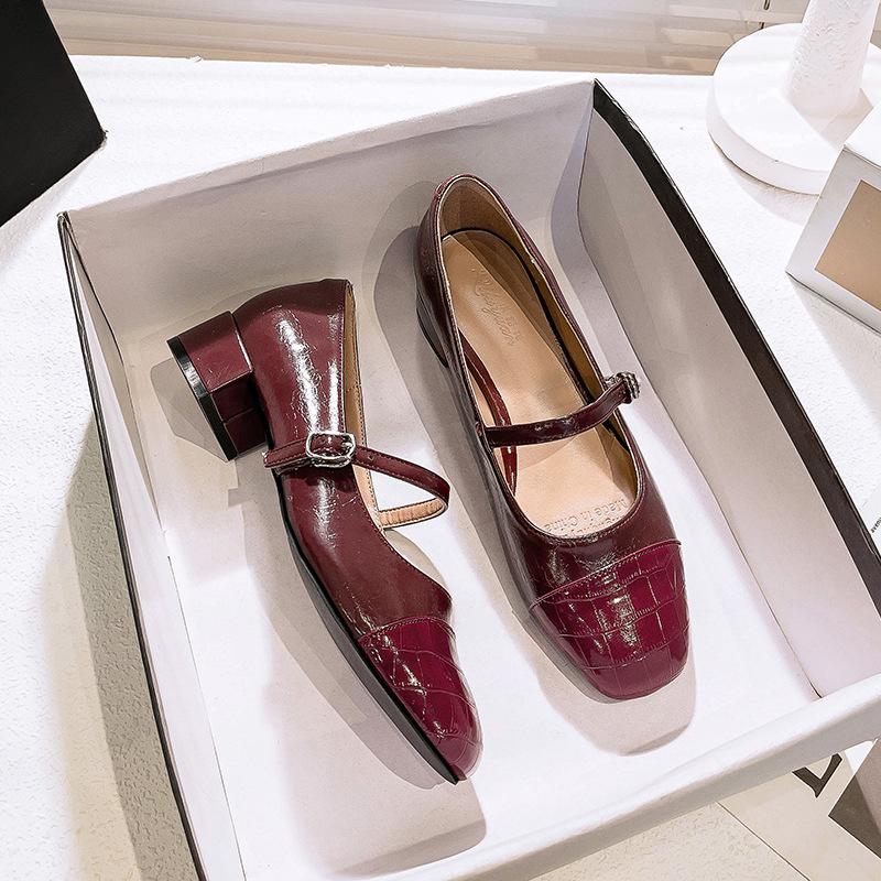 French low-heeled single shoes women's 2025 new spring and autumn splicing Mary Jane women's shoes thick heel one-word buckle high heels