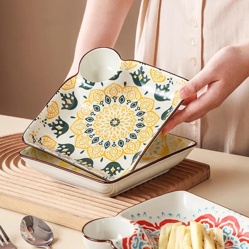 Богемская керамическая тарелка для пельменей, цветная тарелка для закусок с блюдцем, фруктовое десертное блюдо, поднос для картофеля фри