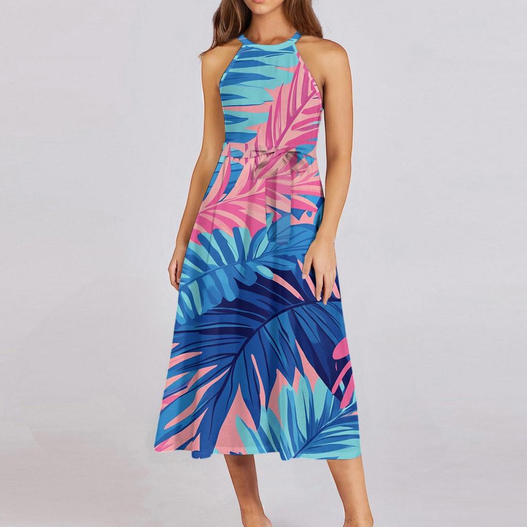 Женское повседневное платье миди с круглым вырезом, классическое, повседневное, без рукавов, свободное платье в стиле бохо с завязками, летний пляжный сарафан