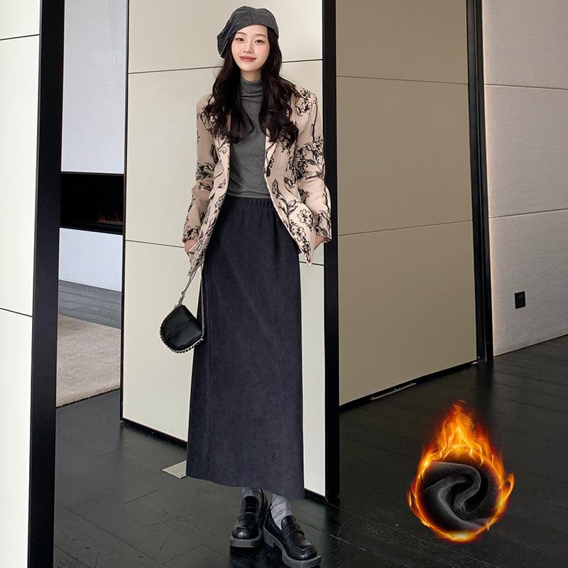 Maillard High Waist Wool Skirt for Women - Plus Size Autumn/Winter Slimming, High-End Design, Long Slit.