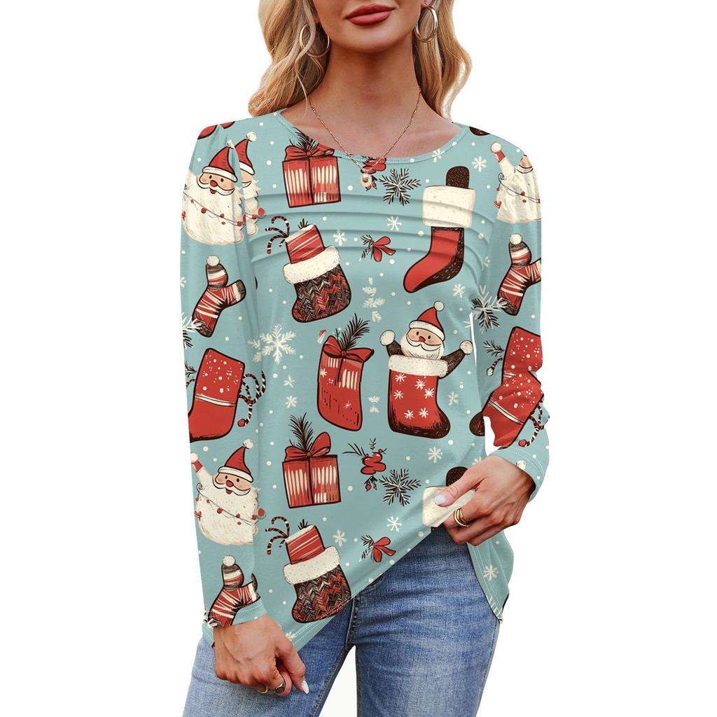 Женская футболка с круглым вырезом и длинными рукавами с принтом рождественской елки и снежинки