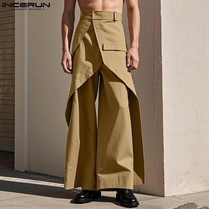INCERUN Мужские повседневные прямые брюки с застежкой-молнией и высокой талией в стиле пэчворк