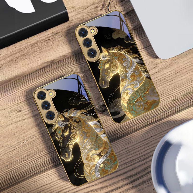 Ruishou Golden Steed Для Samsung Galaxy S26 S20 FE S21 S22 S23Plus S24 Ultra 25Ultra S21+ S9 S22 S8 S23 Золотой стеклянный чехол для телефона
