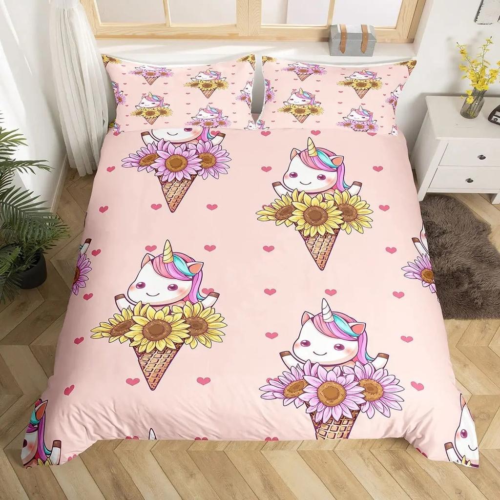 Rainbow Unicorn Duvet Cover Cute Dreamy Horse Comforter Cover Cartoon Little Unicorn Bedding Set Twin For Girl Teen Kawaii Gifts