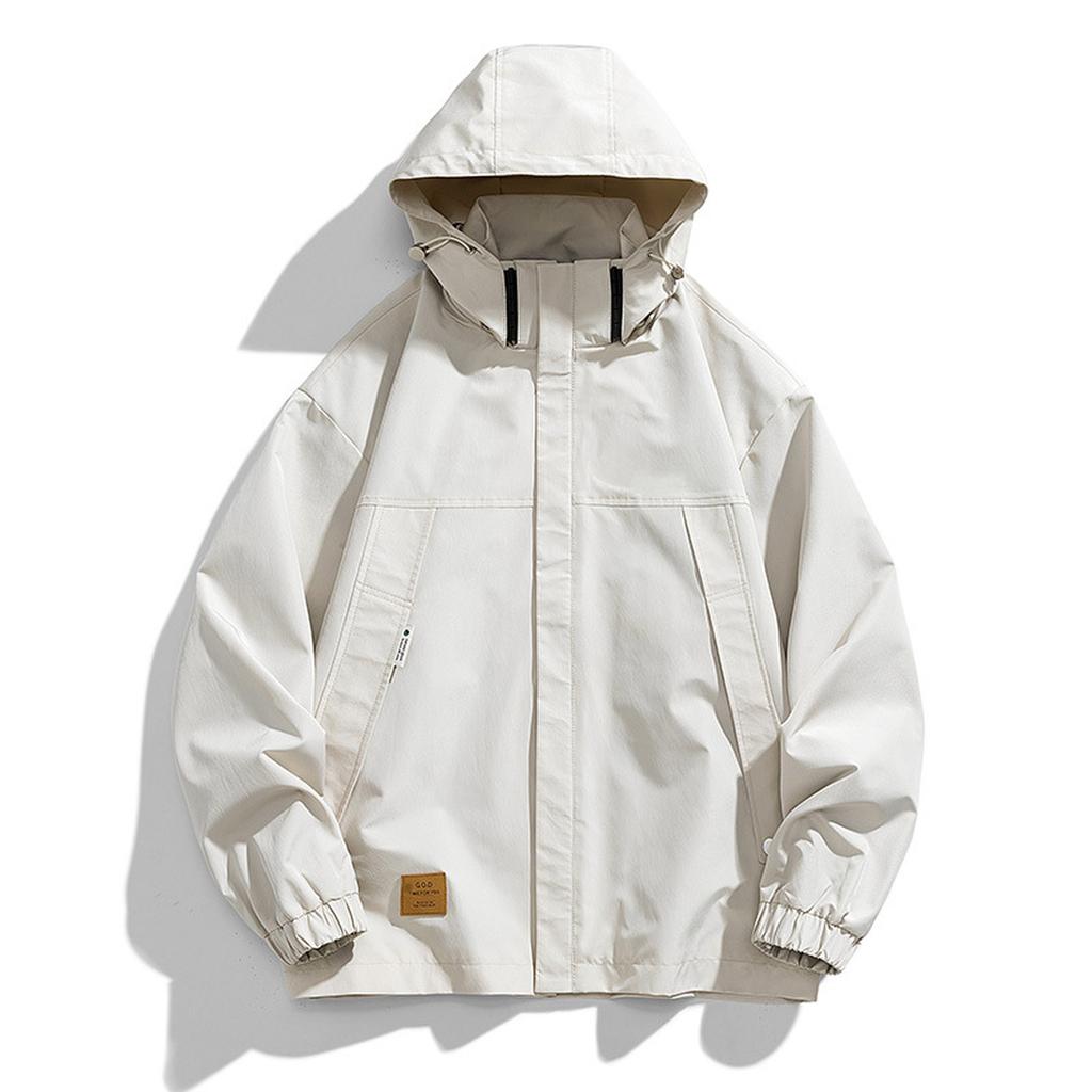 Men's Large Size Trend Casual Top Youth Hooded Everything Loose Jacket Elastic Drawstring Solid Color Windproof Jacket