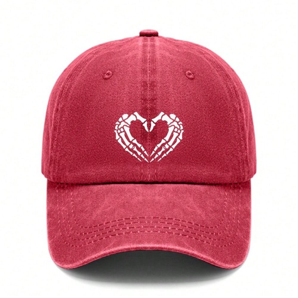 [Skeleton Heart Baseball Cap] Unisex Vintage Washed Print Polyester Adjustable Breathable Casual Streetwear Daily Wear Baseball Hat - Dad Cap